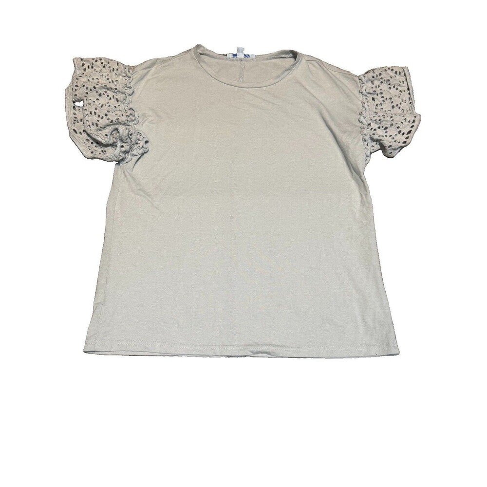 She + sky gray eyelet ruffle short sleeve crew neck top